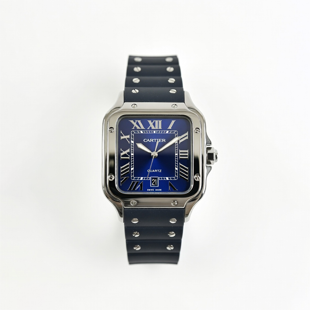 Cartier Style Blue Dial Rubber Strap Watch