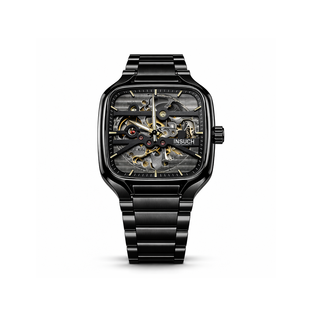 INSUCH Square Skeleton Automatic Mechanical Watch – Black Edition