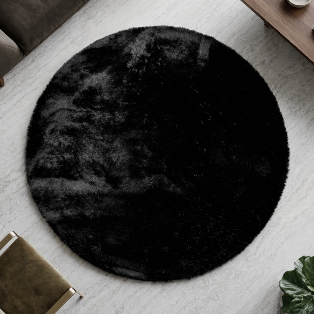 Premium Round Shaggy Rug - Decorative Soft Floor Carpet (Midnight Black)
