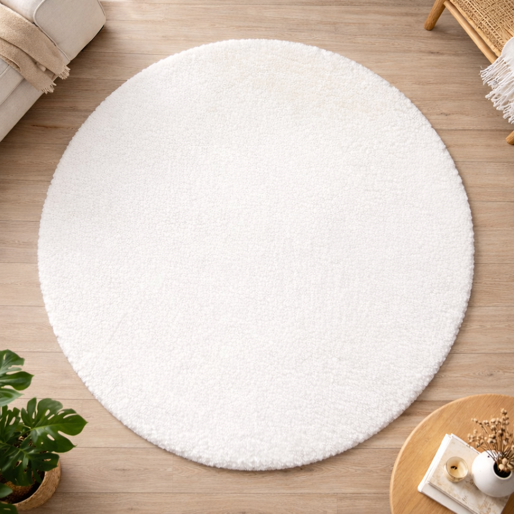 Premium Round Shaggy Rug - Decorative Soft Floor Carpet (White)