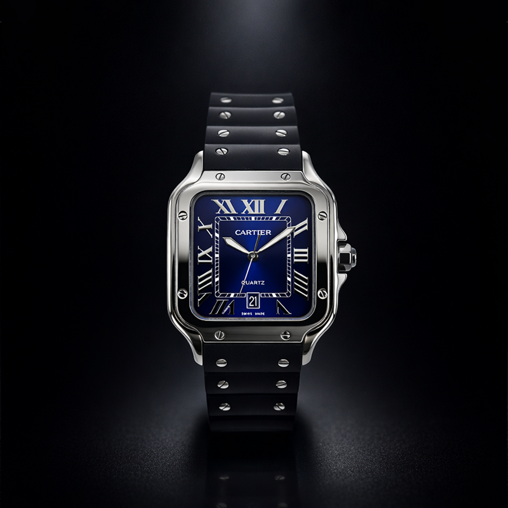 Cartier Style Blue Dial Rubber Strap Watch