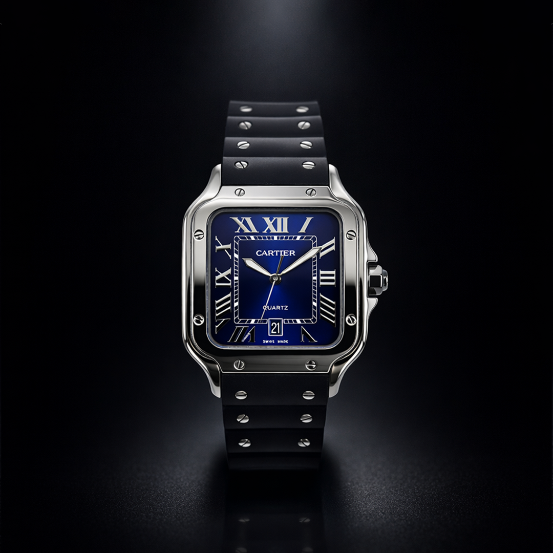 Cartier Style Blue Dial Rubber Strap Watch