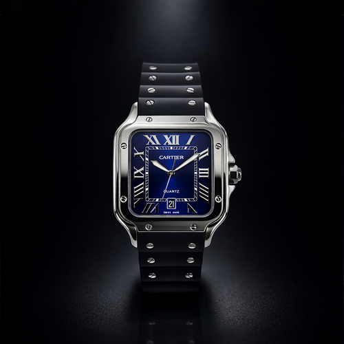 Cartier Style Blue Dial Rubber Strap Watch