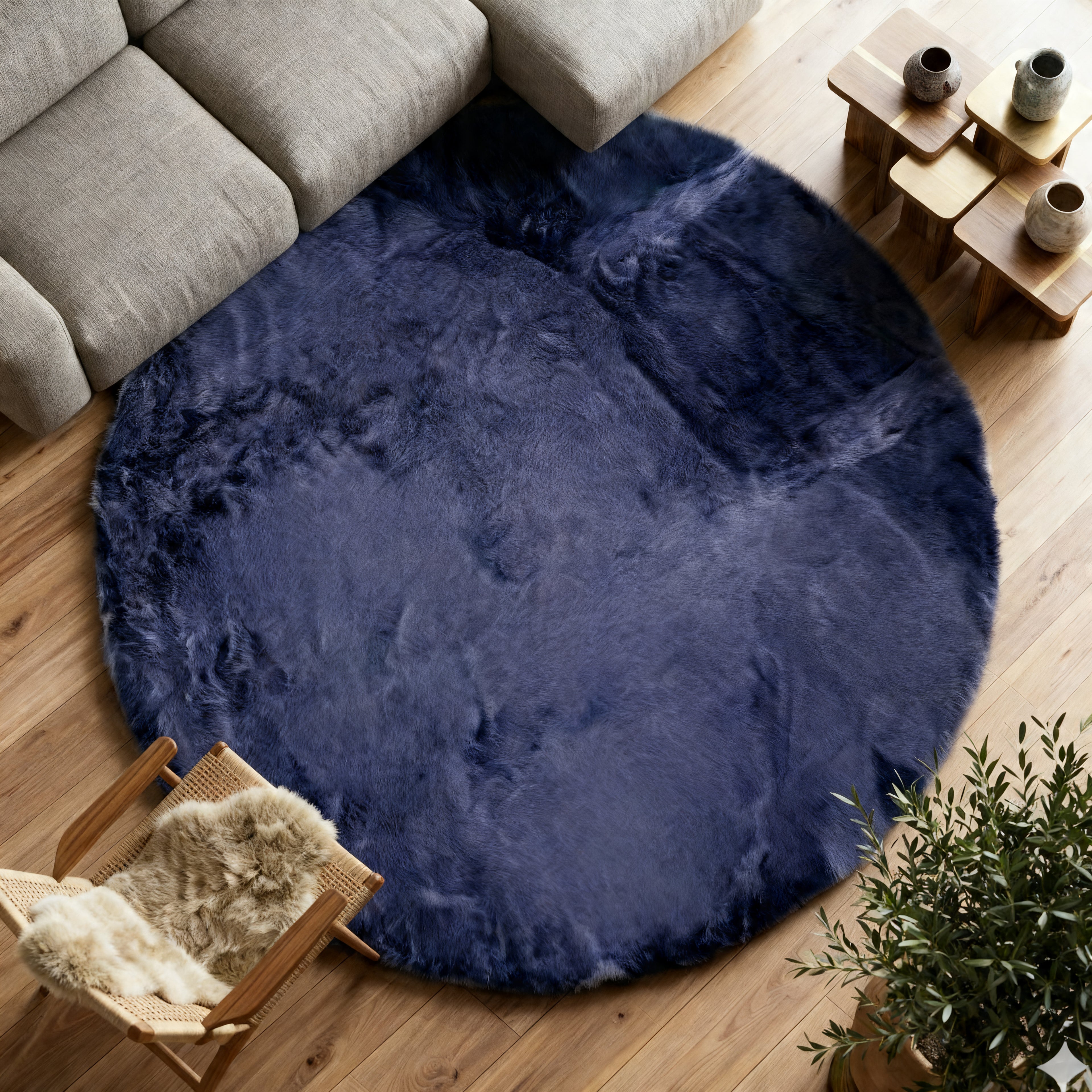 Premium Round Shaggy Rug - Decorative Soft Floor Carpet (Midnight Blue)