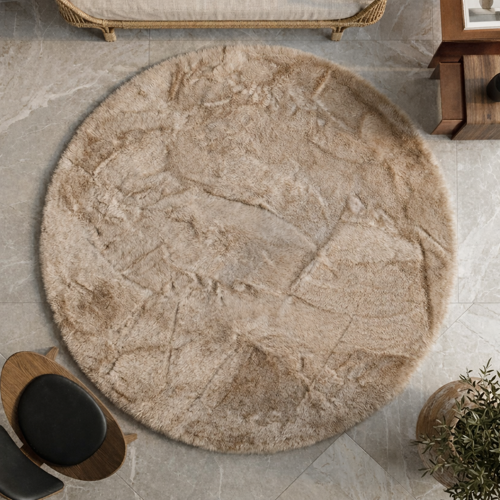 Premium Round Shaggy Rug - Decorative Soft Floor Carpet (Beige)