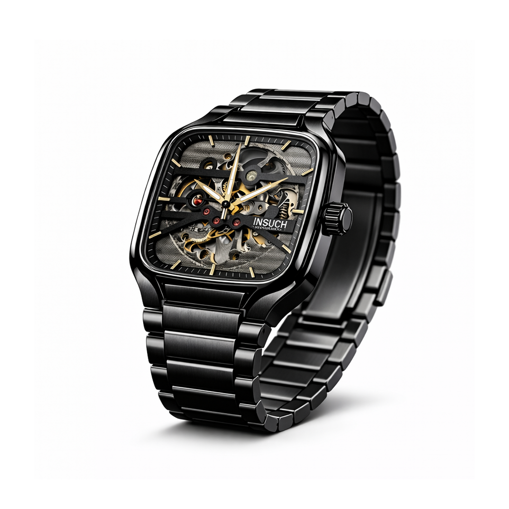 INSUCH Square Skeleton Automatic Mechanical Watch – Black Edition