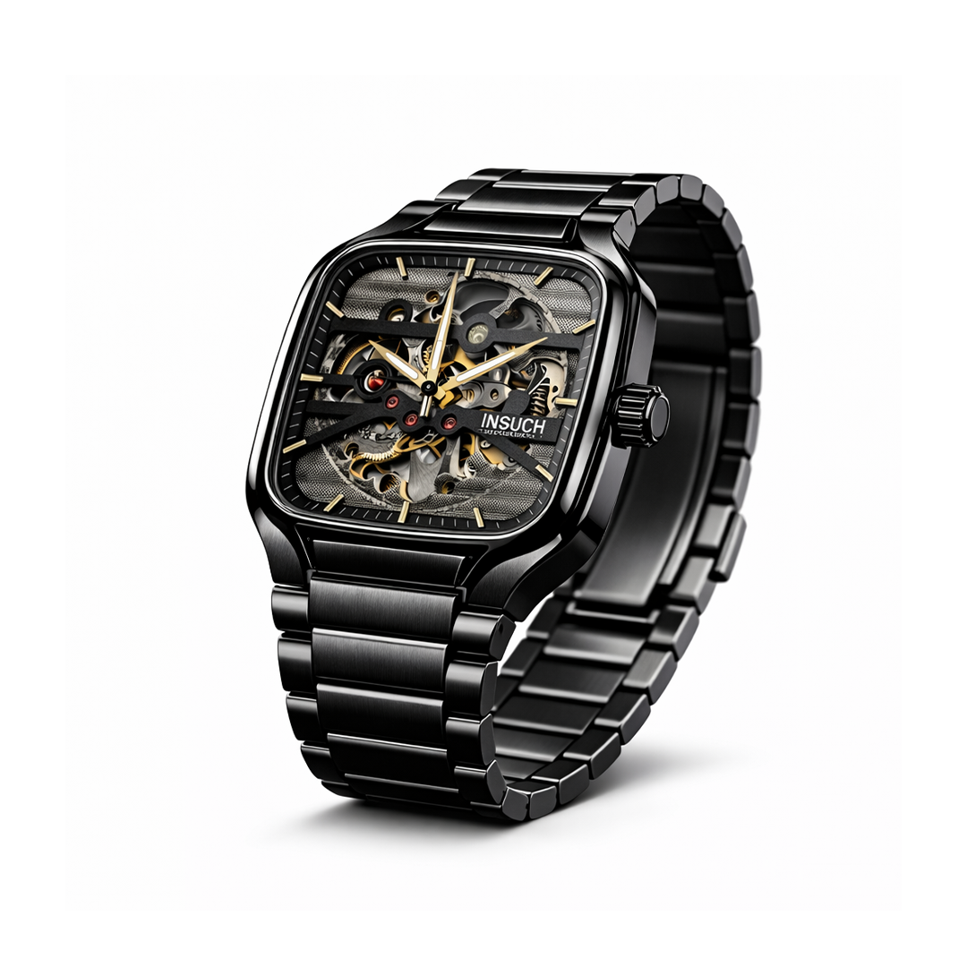 INSUCH Square Skeleton Automatic Mechanical Watch – Black Edition