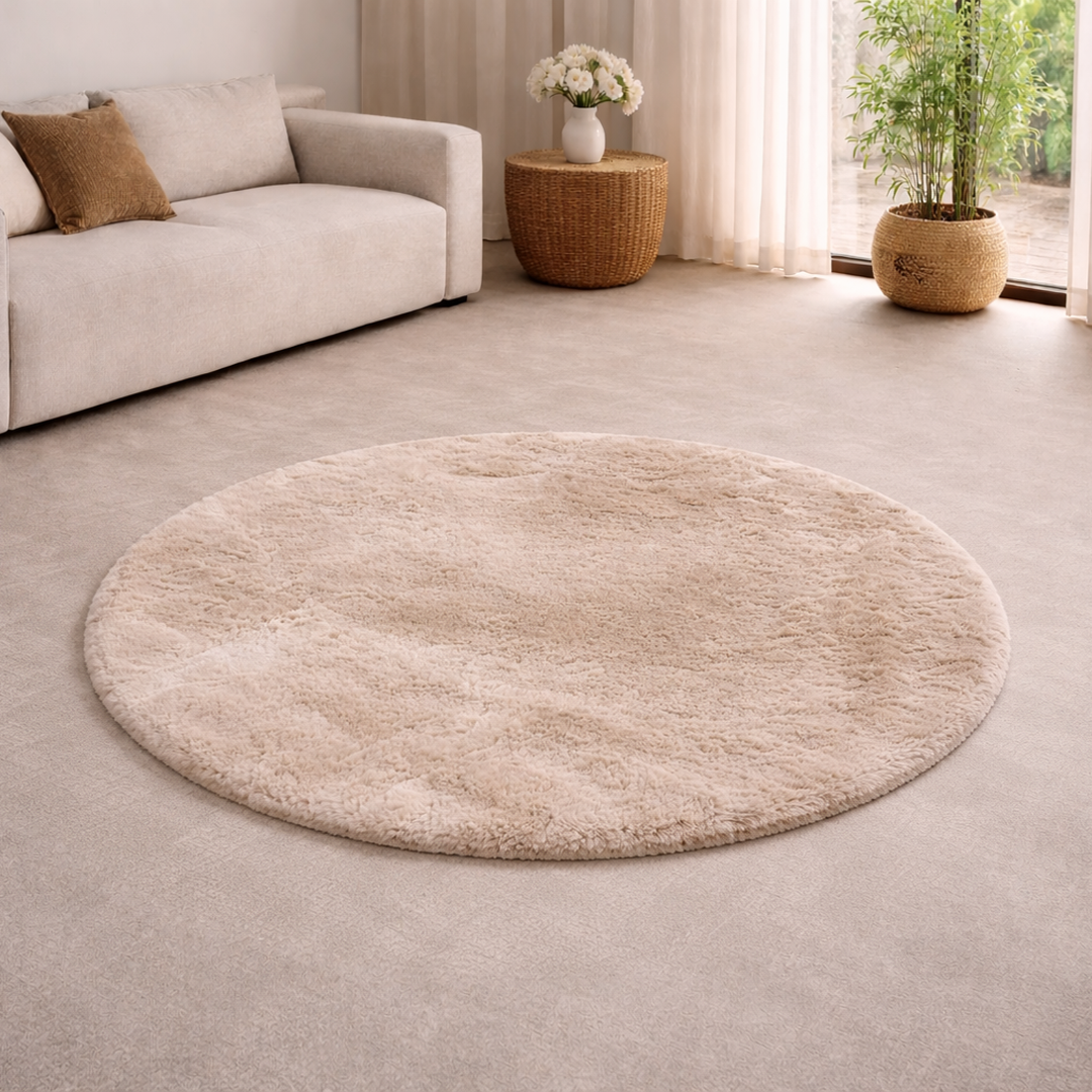 Premium Round Shaggy Rug - Decorative Soft Floor Carpet (Beige)