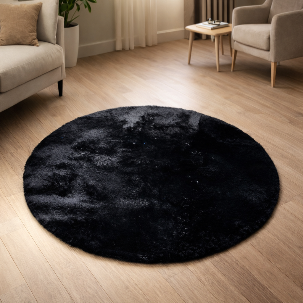 Premium Round Shaggy Rug - Decorative Soft Floor Carpet (Midnight Black)