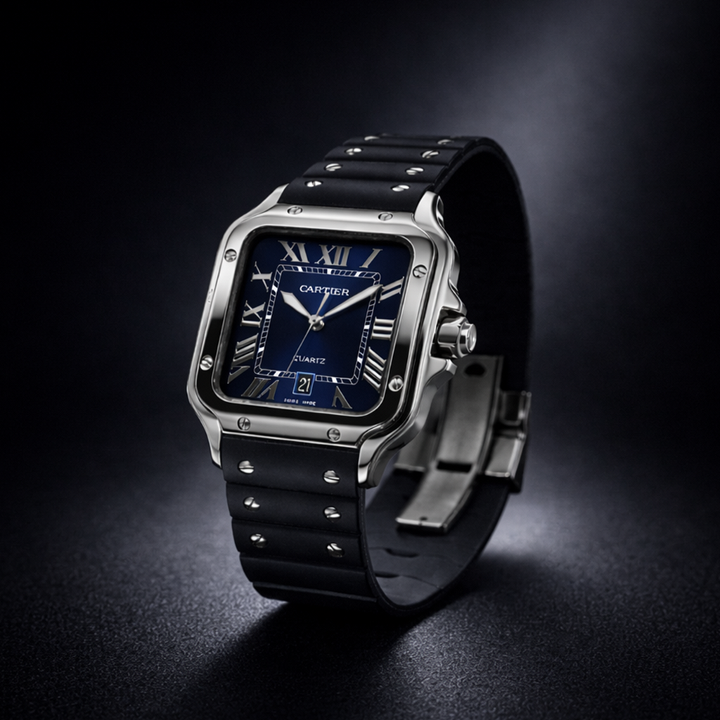 Cartier Style Blue Dial Rubber Strap Watch