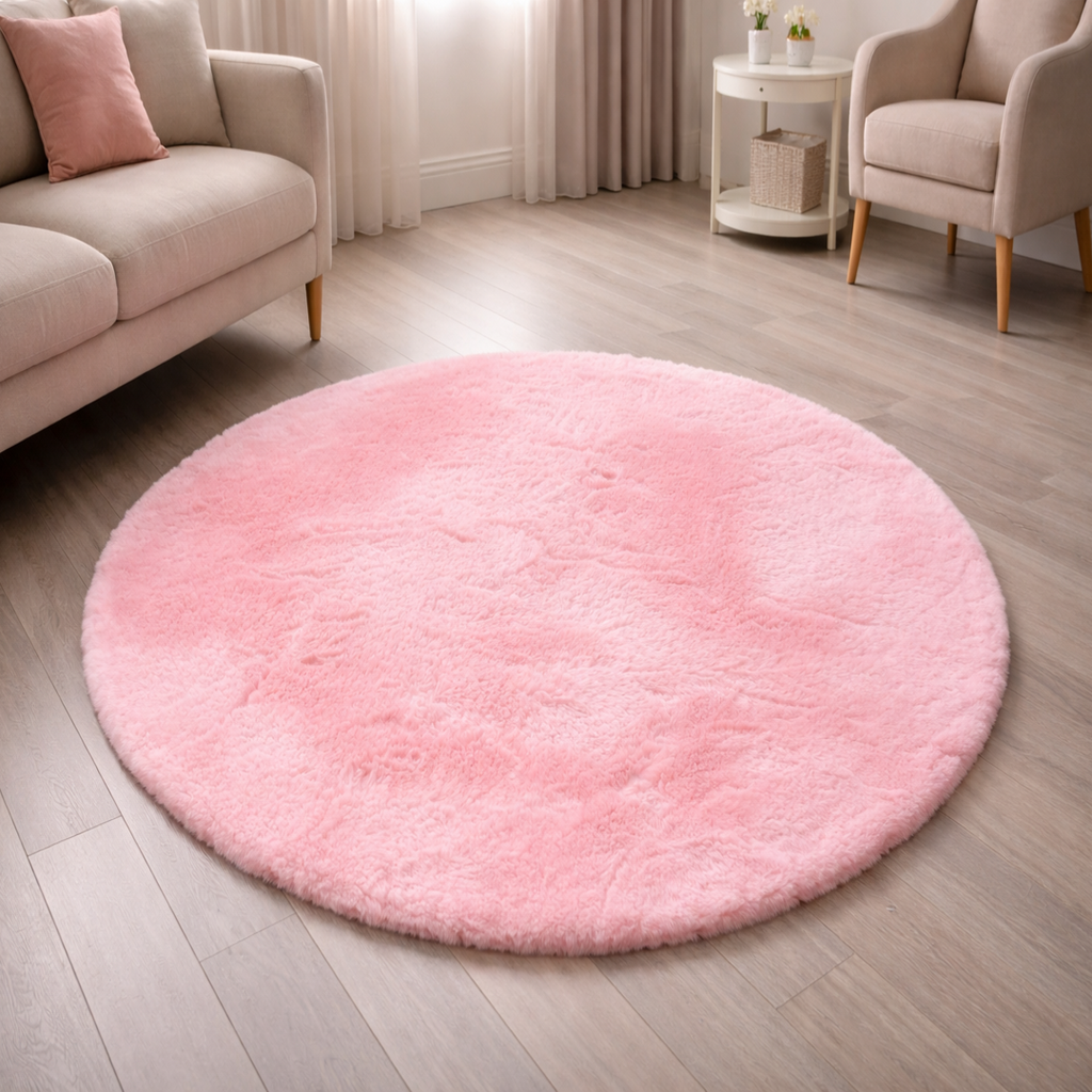 Premium Round Shaggy Rug - Decorative Soft Floor Carpet (Blossom Pink)