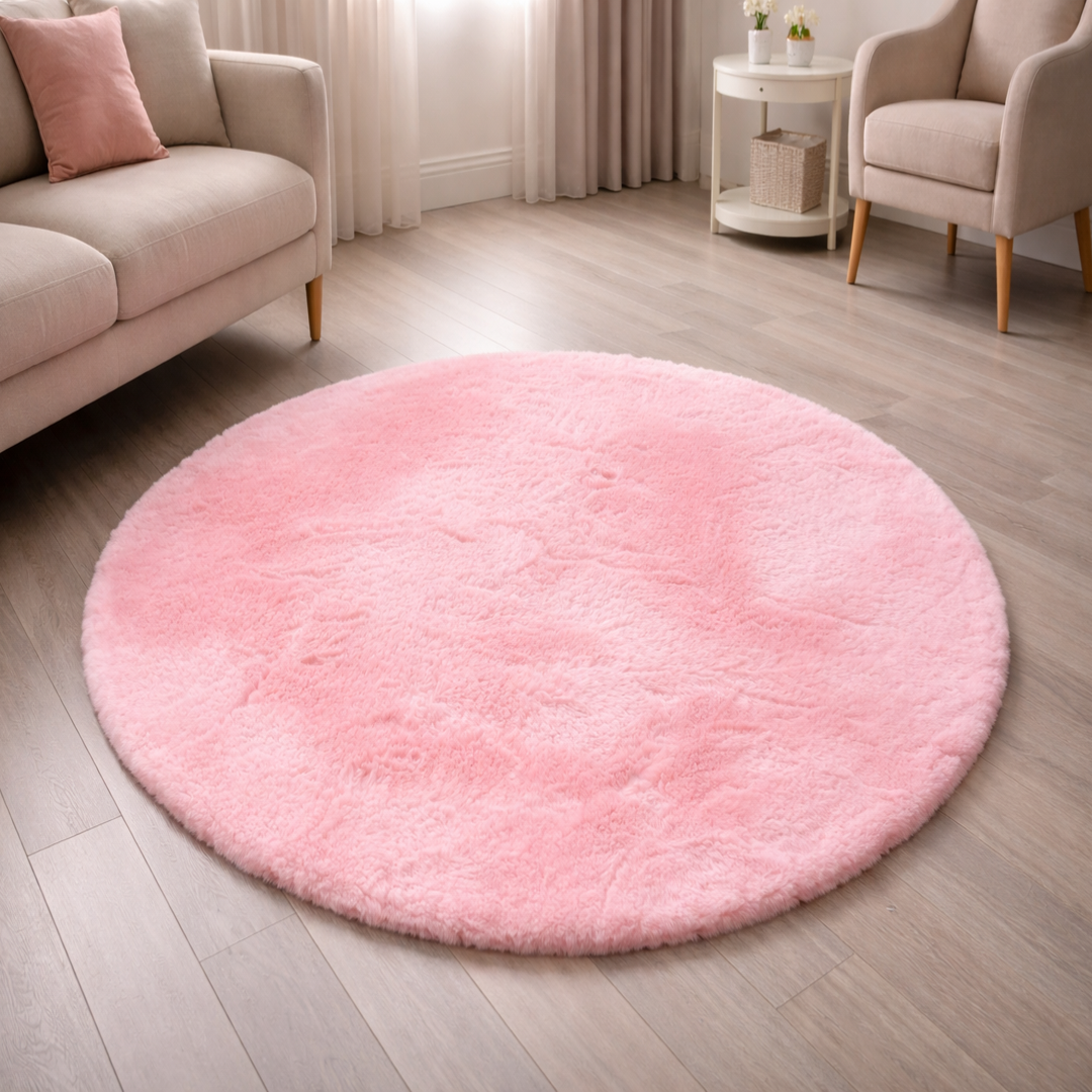 Premium Round Shaggy Rug - Decorative Soft Floor Carpet (Blossom Pink)