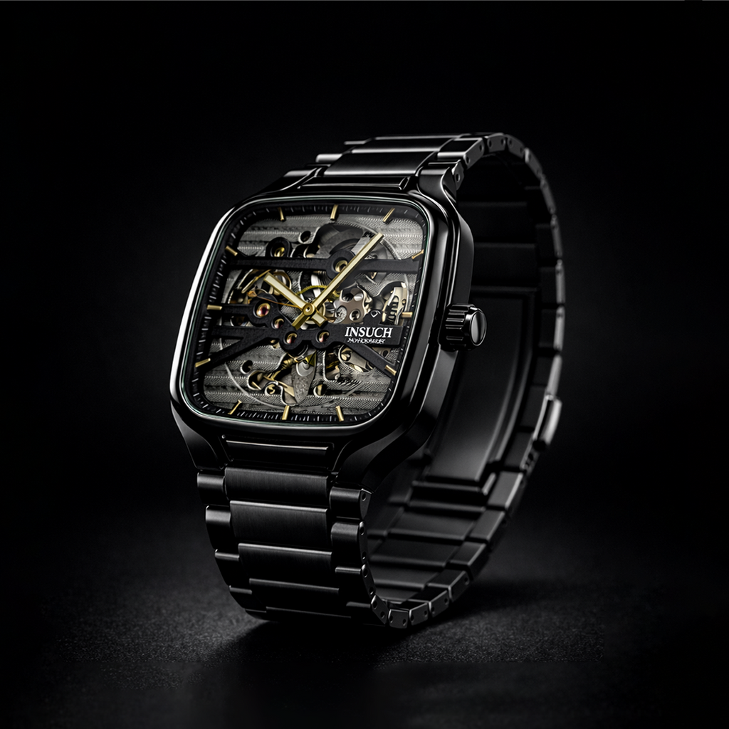 INSUCH Square Skeleton Automatic Mechanical Watch – Black Edition