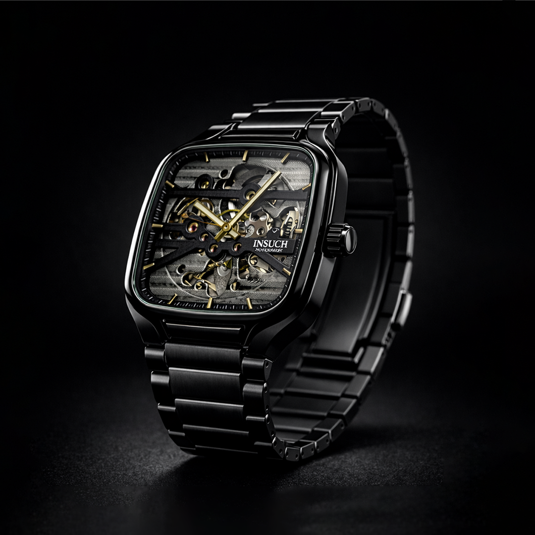 INSUCH Square Skeleton Automatic Mechanical Watch – Black Edition