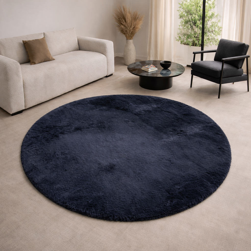 Premium Round Shaggy Rug - Decorative Soft Floor Carpet (Deep Navy Blue)