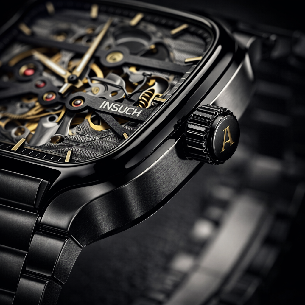INSUCH Square Skeleton Automatic Mechanical Watch – Black Edition