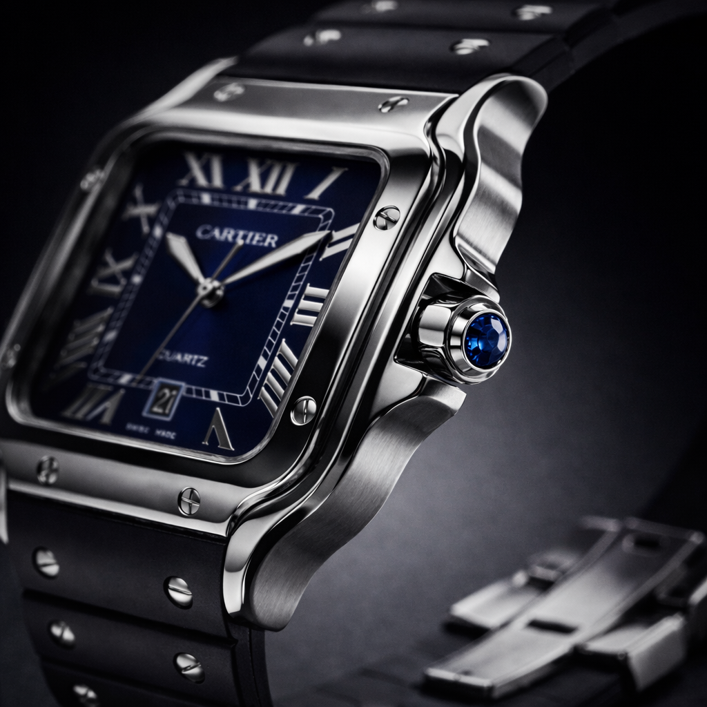 Cartier Style Blue Dial Rubber Strap Watch