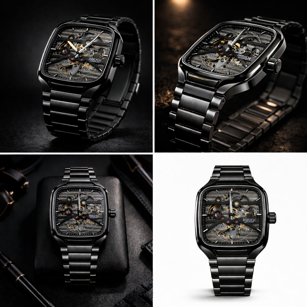 INSUCH Square Skeleton Automatic Mechanical Watch – Black Edition