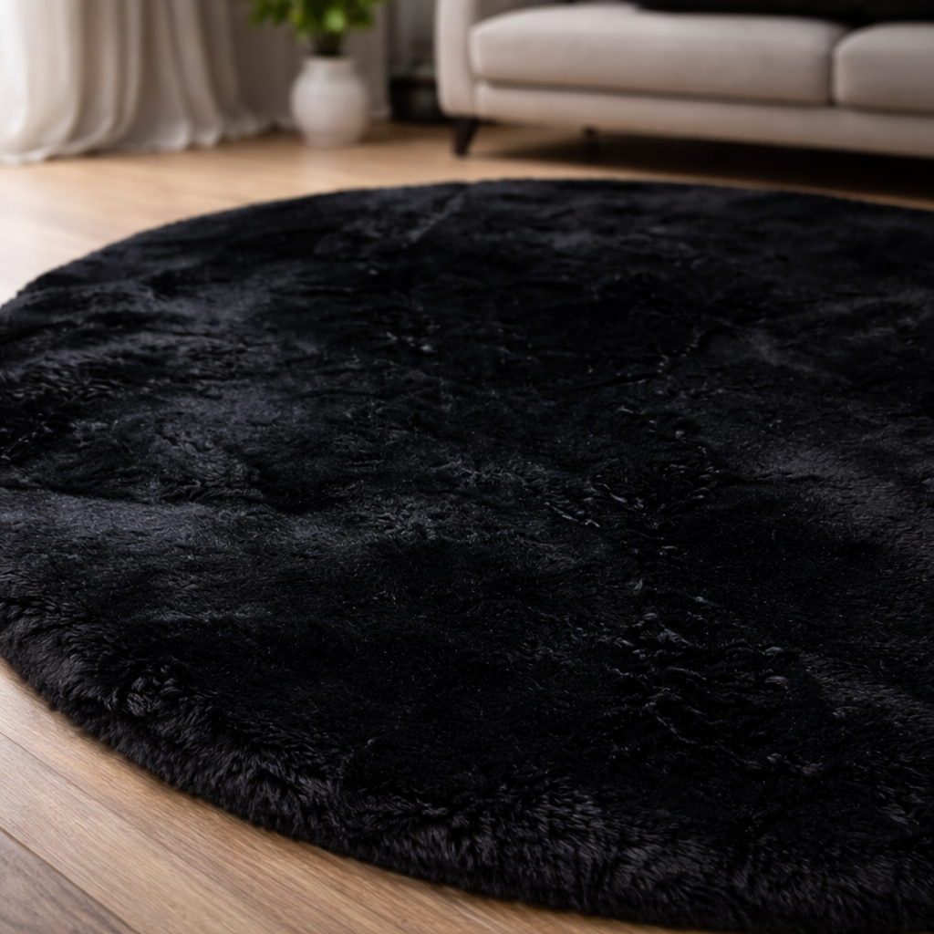 Premium Round Shaggy Rug - Decorative Soft Floor Carpet (Midnight Black)