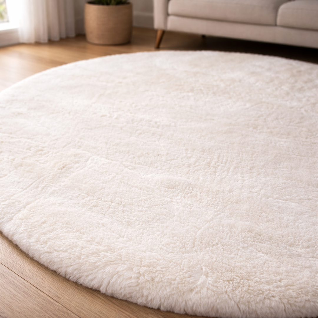Premium Round Shaggy Rug - Decorative Soft Floor Carpet (White)