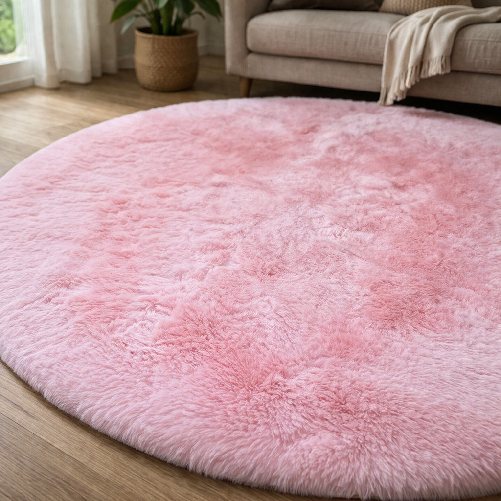 Premium Round Shaggy Rug - Decorative Soft Floor Carpet (Blossom Pink)