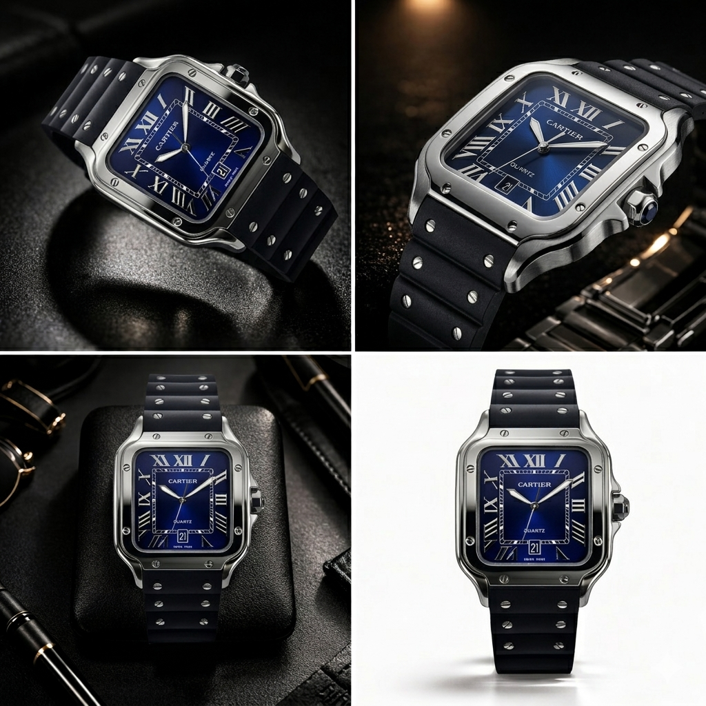 Cartier Style Blue Dial Rubber Strap Watch